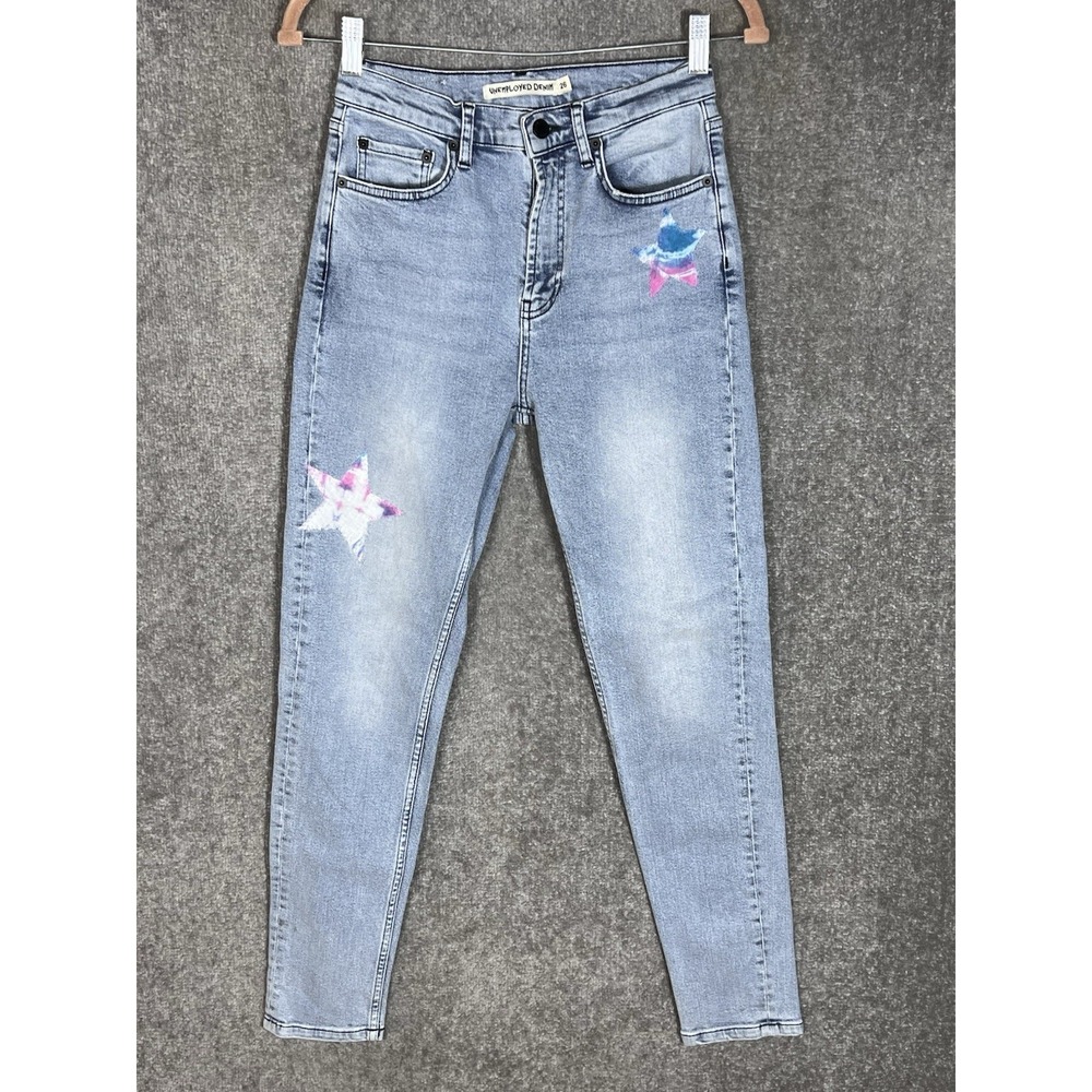 Unemployed Denim Skinny Jeans Womens Sz 26 Stretch Tie Dye Star Patches Pockets